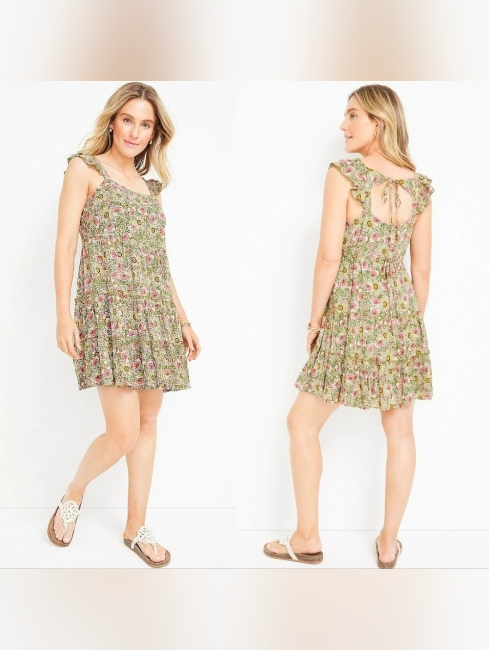 Maurices Green Floral Open Back Tie-Back Ruffle Mini Dress Women's Size XL